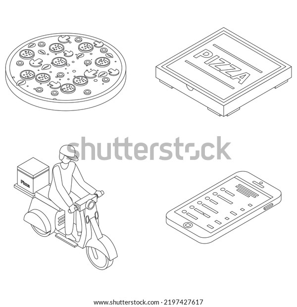 Pizza delivery icons\
set. Isometric set of pizza delivery vector icons outline thin lne\
isolated on white
