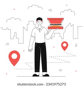 Pizza delivery line concept. Courier with box of traditional fast food. Italian cuisine. Online shopping and home fast delivery. Template, layout and mock up. Linear flat vector illustration