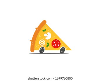 Pizza delivery logo concept. Slice of the pizza with wheels on high speed. Vector illustration isolated on white background