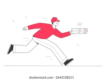 Pizza delivery. Male courier delivers hot pizza. Fast pizza delivery by courier. 