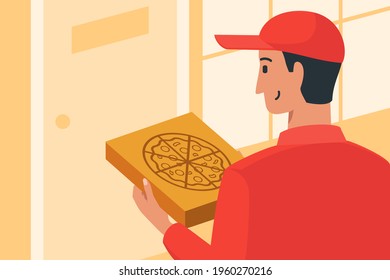 Pizza Delivery Man Arrive with Large Square Box at Door. 