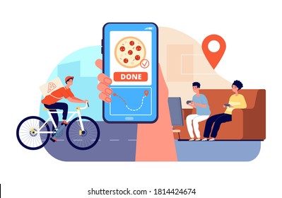 Pizza delivery man. Boy on bicycle with food boxes, ride to customers. People play video game and wait dinner. Smartphone app for track order tracking online vector concept