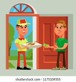 Pizza delivery man bring food to consumer character. Take away fast food vector cartoon illustration