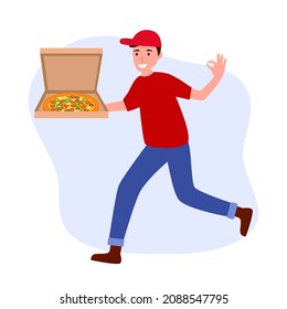 Pizza delivery man carrying pizza box to customer concept vector illustration on white background.