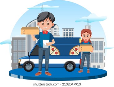 Pizza delivery man cartoon character on white background illustration