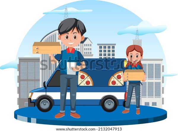 Pizza delivery man cartoon character on\
white background\
illustration