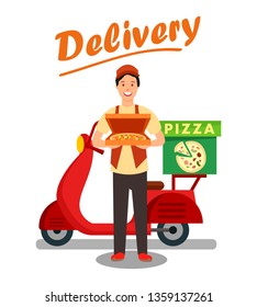 Pizza Delivery Man Cartoon Vector Illustration. Smiling Guy Holding Pizza Box. Pizzeria Worker in Uniform Flat Character. Delivery Transport. Courier Giving Order Isolated Design Element