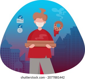 Pizza delivery man, courier in a medical mask with boxes. Pointer in the form of a slice of pizza on the background of the city. Vector image. Payment by card and cash.