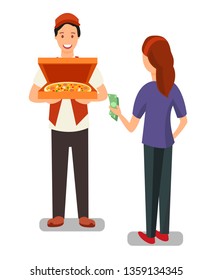 Pizza Delivery Man and Customer Flat Characters. Woman Buying Cooked Food in Bakery. Customer Paying Cash for Fast Food. Helpful Seller and Satisfied Buyer. Girl Choosing Pizza for Dinner