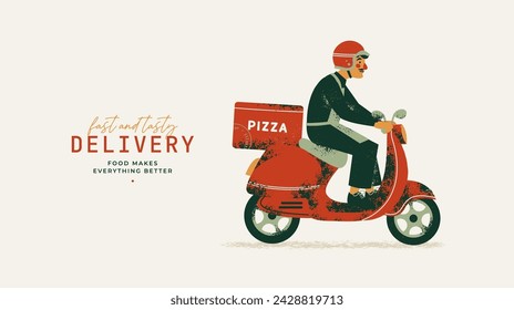 Pizza delivery. Man delivering pizza on a scooter. Retro style illustration