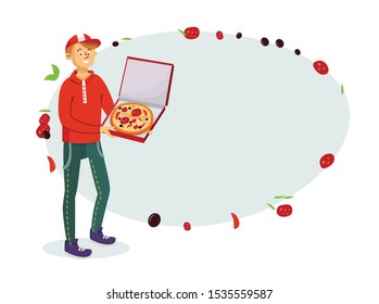 
pizza delivery man with pizza in hands vector illustration