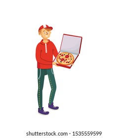 
pizza delivery man with pizza in hands vector illustration