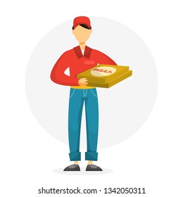 Pizza delivery man holding pizza box. Male character in red uniform. Courier from pizzeria. Vector illustration in cartoon style