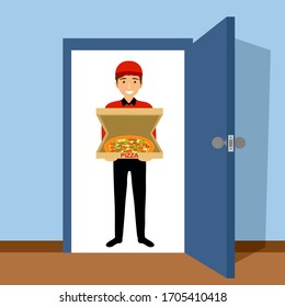 Pizza delivery man holding pizza box on doorway. Food online delivery service to customer home. Pizza boy bring order to buyer.