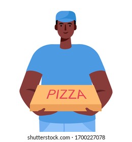 Pizza delivery man holding cardboard box with pizza inside Delivery order. Fast courier. Restaurant food service. Vector illustration in cartoon flat style
