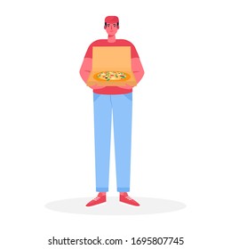 Pizza delivery man holding open cardboard box with pizza inside Delivery order. Fast courier. Restaurant food service. Vector illustration in cartoon flat style