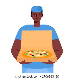 Pizza delivery man holding open cardboard box with pizza inside Delivery order. Fast courier. Restaurant food service. Vector illustration in cartoon flat style