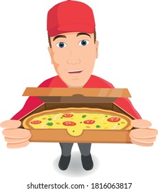Pizza delivery man holding open cardboard box with pizza inside