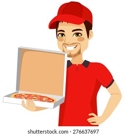 Pizza delivery man holding open cardboard box with pepperoni pizza inside