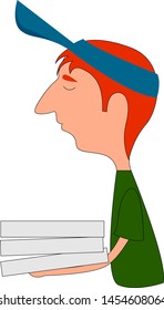 Hombre de reparto de pizza, ilustración, vector sobre fondo blanco.