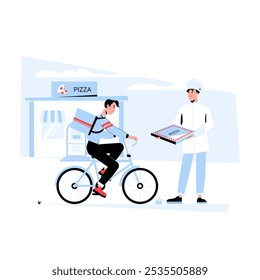 Pizza Delivery Man On Bicycle Receiving Box From Chef In Flat Vector Illustration Symbolizing Fast Food, Delivery Service, And Urban Lifestyle, Isolated On White Background
