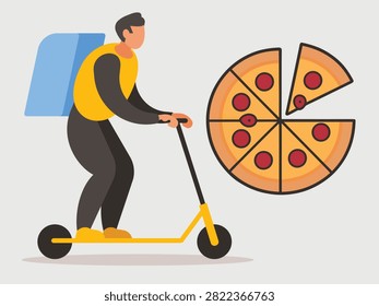 Pizza delivery man on electric scooter courier with backpack and fast food pizza flat vector illustration