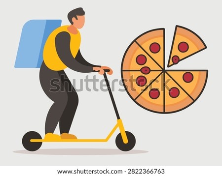 Pizza delivery man on electric scooter courier with backpack and fast food pizza flat vector illustration