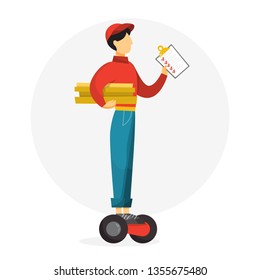 Pizza delivery man on a hoverboard holding pizza box. Male character in red uniform. Courier from pizzeria. Vector illustration in cartoon style