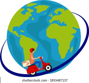 Pizza delivery. A man on a moped travels around the world delivering pizza. Vector illustration. Vector.