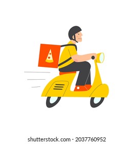 Pizza delivery man on motorbike. Cute flat character illustration for food business or pizzeria.