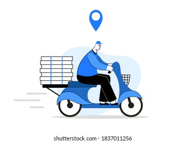 Pizza Delivery Man On A Motorcycle. The courier is bringing Food. With a Navigation Sign. Vector stock illustration. Picture In shades of blue.
