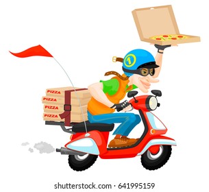 Pizza delivery man on a red motorbike. Fast delivery pizza. 