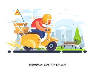 Pizza delivery man on scooter flat poster. Boy courier of pizzeria riding on yellow motorbike with food boxes vector illustration. Cityscape on background