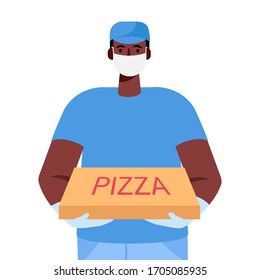 A pizza delivery man in protective medical face mask and gloves holds cardboard box with pizza inside. Delivery during the prevention of coronovirus concept. Vector illustration in cartoon flat style