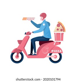 Pizza delivery man riding scooter flat vector illustration