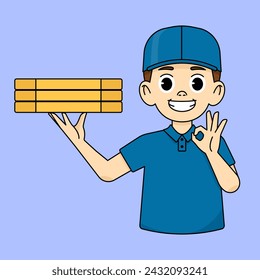 Pizza delivery man smiling in work uniform holding pizza box, other hand showing ok sign with fingers