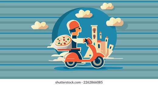 Pizza delivery man speeds through an eastern city. Flat style. Vector print seamless for interior, clothes, notebooks, pillows, design.