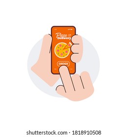 Pizza delivery mobile application on phone screen, cartoon vector illustration isolated on white background. Hand holding smartphone with food delivery app.