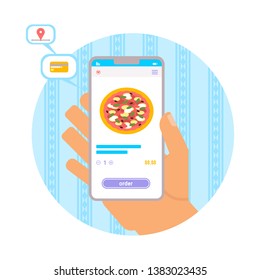 Pizza delivery mobile application vector illustration. Hand holding smartphone cartoon drawing. Food delivery customer service. Online order process. Screen with menu select button