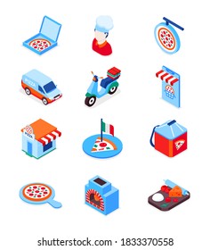 Pizza delivery - modern colorful isometric icons set. Online food ordering, Italian cafe mobile app idea. Cook, truck, scooter, slice on the plate, restaurant, oven and ingredients, bag and smartphone