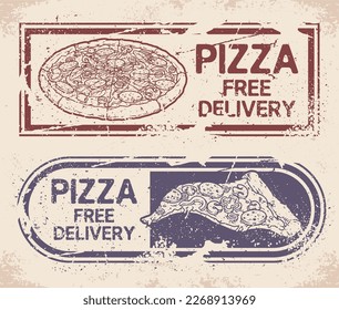 Pizza delivery monochrome vintage logotype for courier service from pizzeria delivering orders from diner grunge style vector illustration