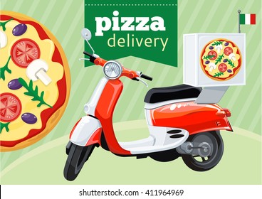 Entrega de pizza en moto motora. Ilustración vectorial.