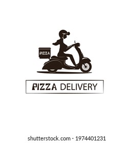 Pizza delivery on a scooter. Pizza delivery service, brown icon on a white background.