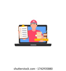 Pizza delivery. Online food order concept. Contactless Delivery of food from courier to customer. Vector illustration for banner, web page, flayer, advertising
