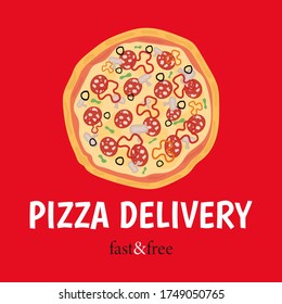 Pizza delivery. Online delivery service concept. Banner, card. Fast and free. Vector illustration