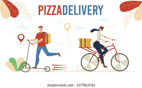 Pizza Delivery Online Service Trendy Flat Vector Advertising Banner, Poster Template with Fast Food Cafe Crew Worker Accepting, Checking Clients Orders, Delivering Pizza Boxes on Bicycle Illustration