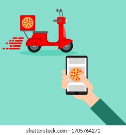 pizza delivery, order pizza online, deliver pizza by red scooter motorbike, order pizza by mobile phone