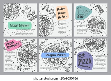 Pizza delivery, order from restaurant banner, vector illustration. Tasty food advertising, takeout service promotion at social media design. Offer for fast food business, hand drawn meal element.