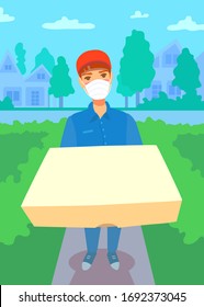 Pizza delivery person holding a box with order. Worker wears mask. Protective measures under the conditions of coronavirus. Summer suburban landscape on the background. Vector cartoon illustration.