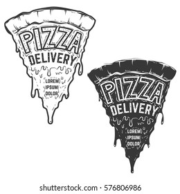 pizza delivery. a piece of pizza with lettering. Design element for logo, label, emblem, sign, poster. Vector illustration.